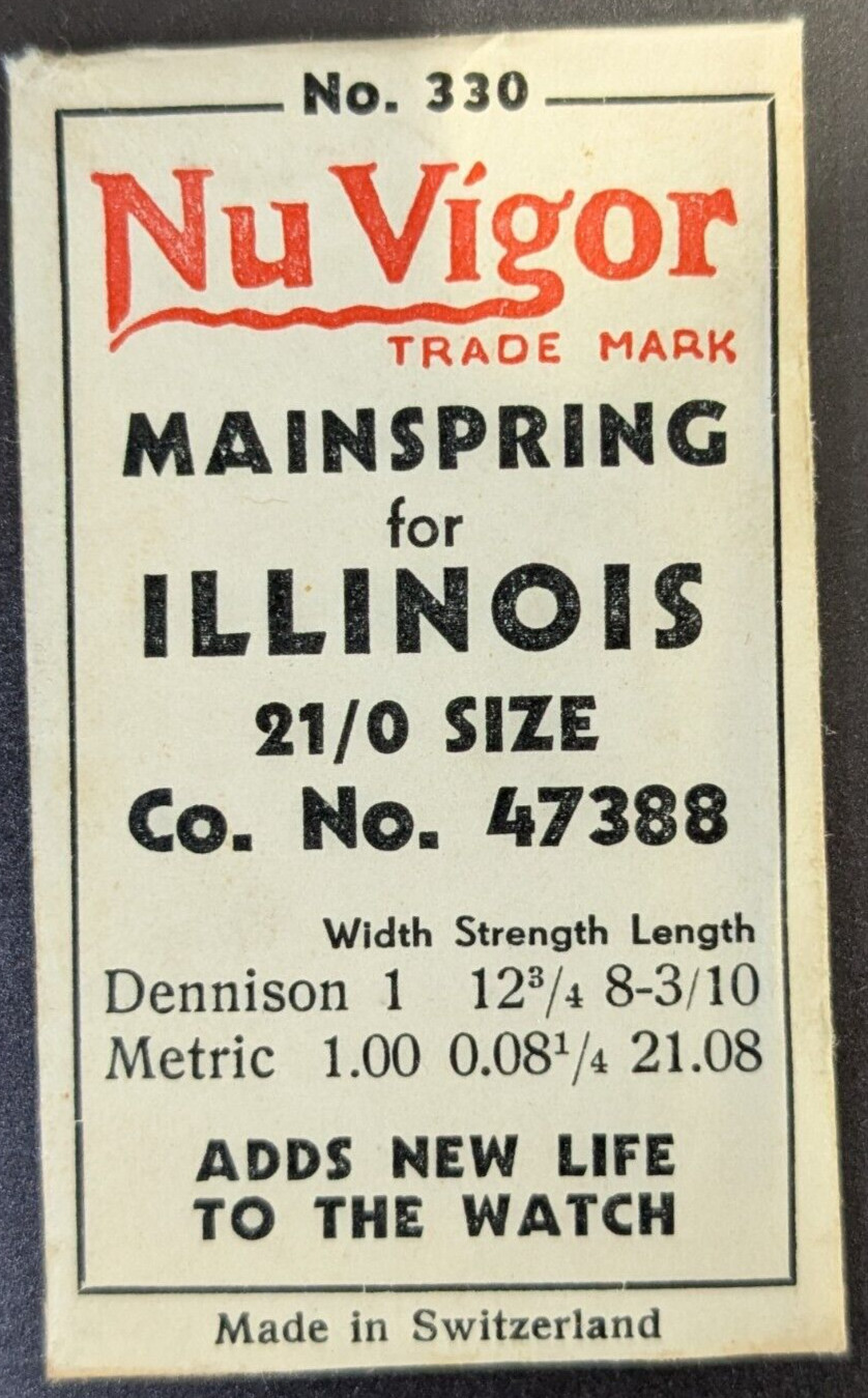 Nu Vigor No. 330 ILLINOIS WATCH MAINSPRING 21/0 Size Factory No. 47388