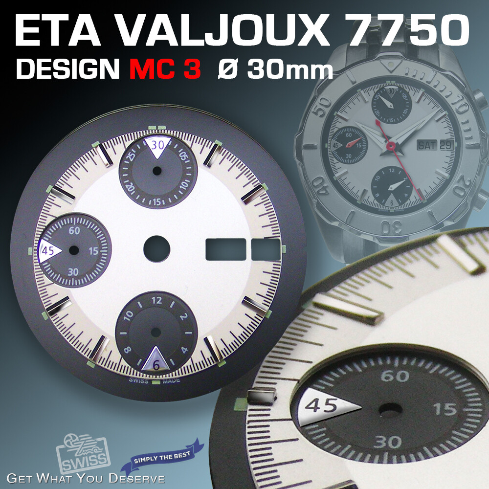 DIAL FOR MOVEMENT ETA VALJOUX 7750, MC 3, 3-D, SILVER-BLACK, SUPER LUM. Ø 30 mm
