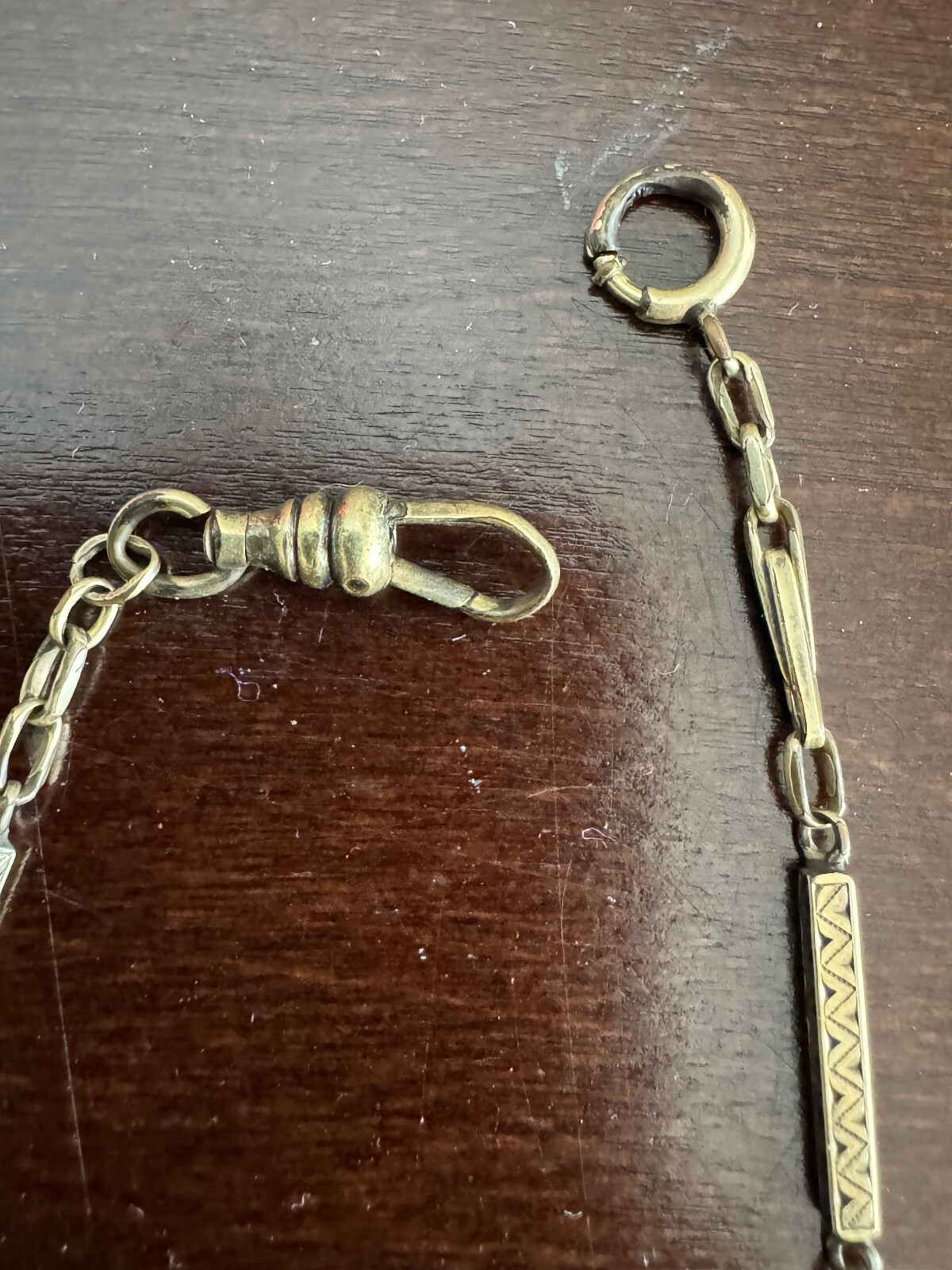 VINTAGE 14 INCH POCKET WATCH CHAIN, GREEN GOLD FILLED , NICE ETCHING