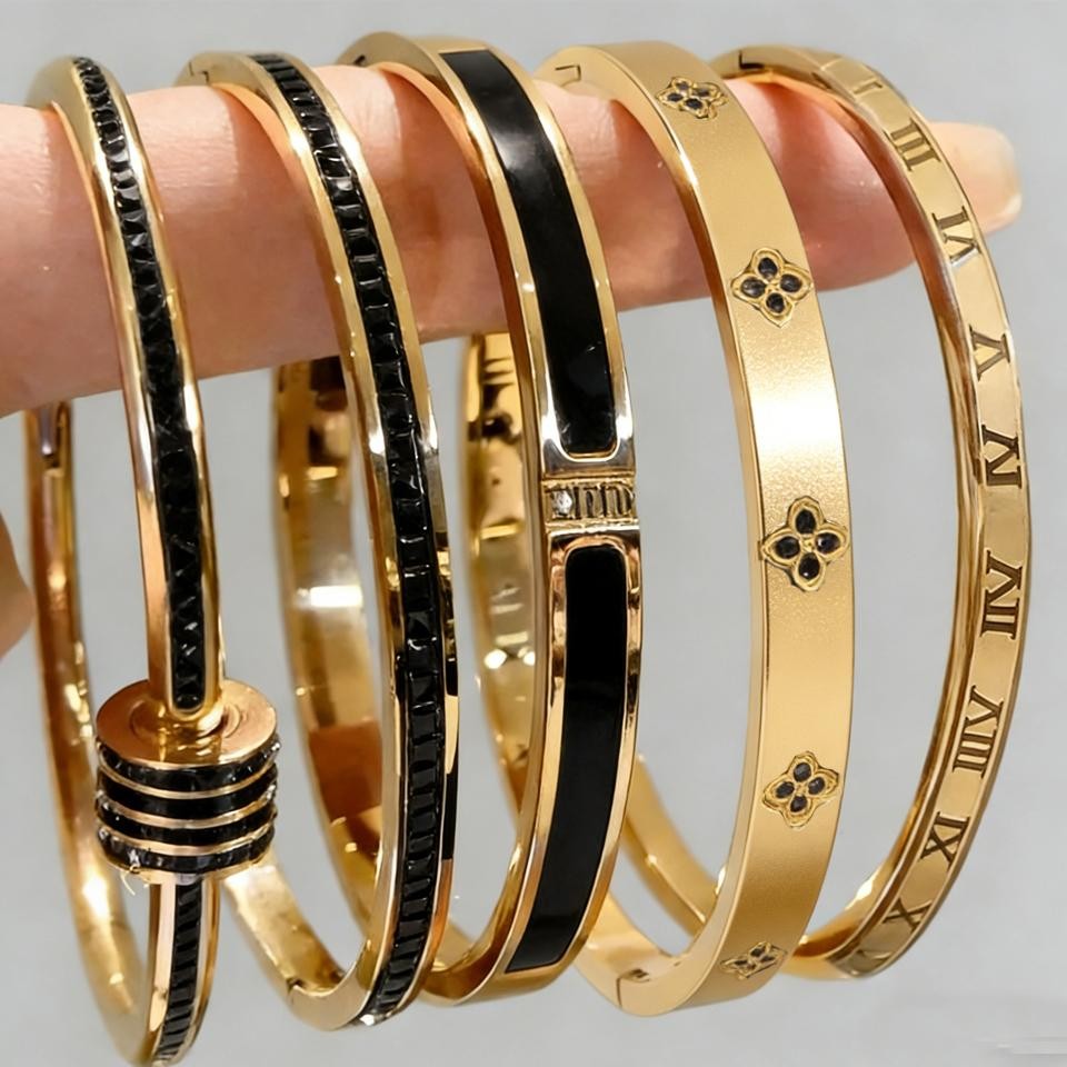 Zakol New 5/1pcs Black Zircon Inlay Series Stainless Steel Bracelets for Women
