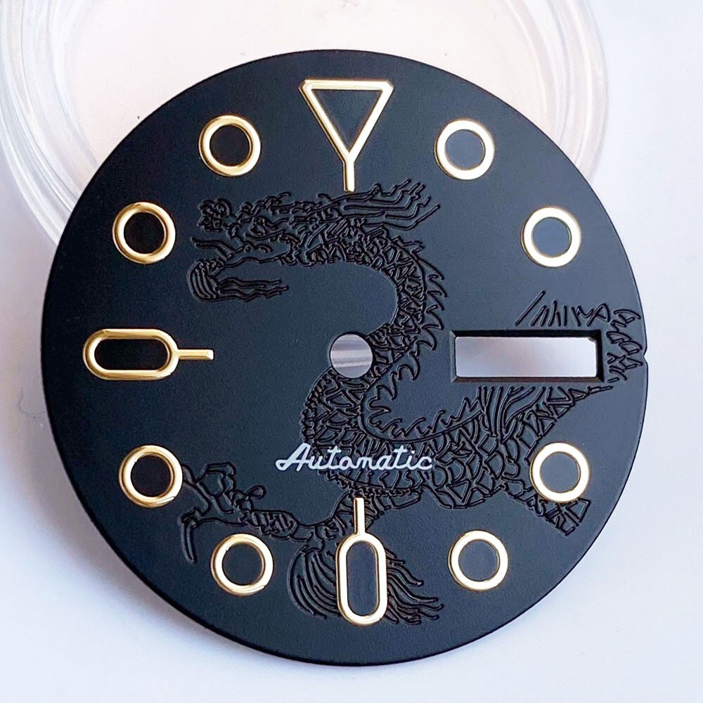29mm Black Golden marks Dial Dragon Print Fit SKX Style NH36 NH36A movement