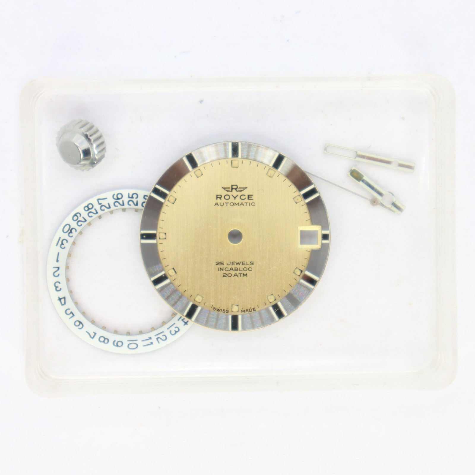 Rare Royce 25 Jewel 20 ATM ETA Cal 2622 Automatic Swiss Dial Crown Hand Set