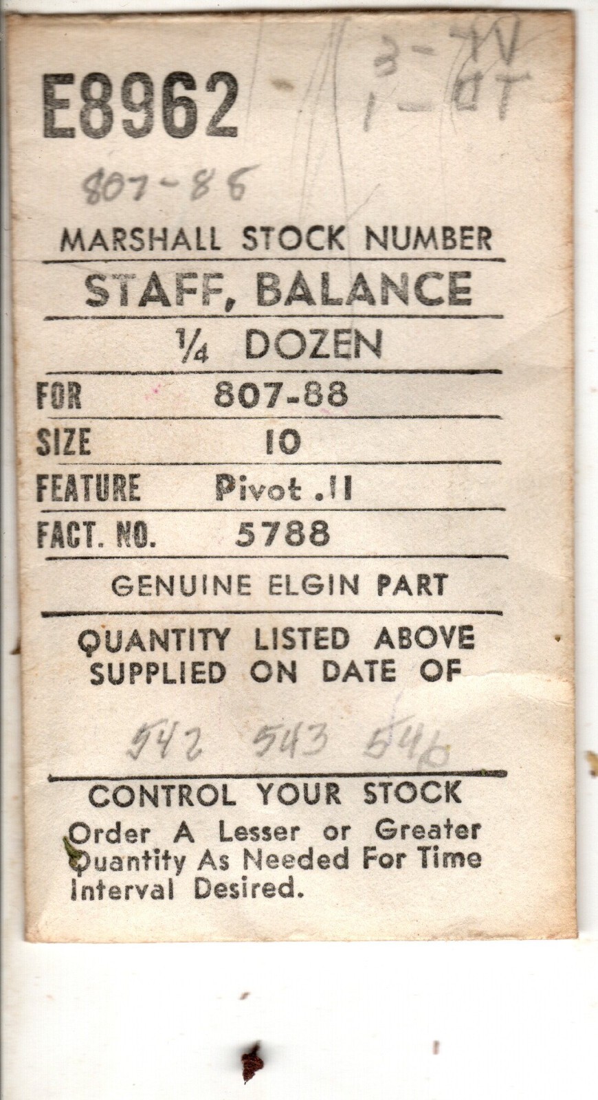 Vintage NOS Elgin Balance Staffs filed under the Marshall System (Price for One)