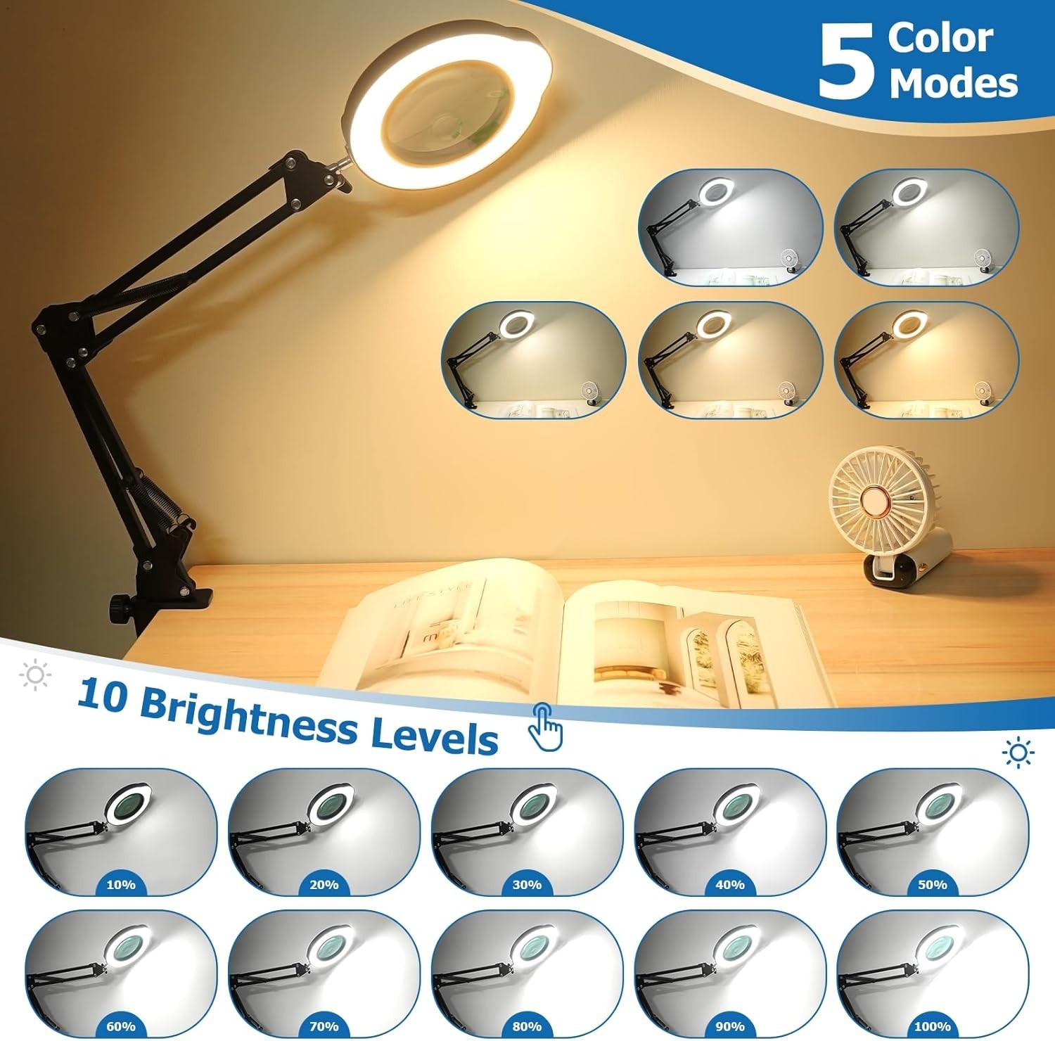 15X 30X Magnifying Glass with Light and Stand, LED Desk Lamp with Base and Cl…