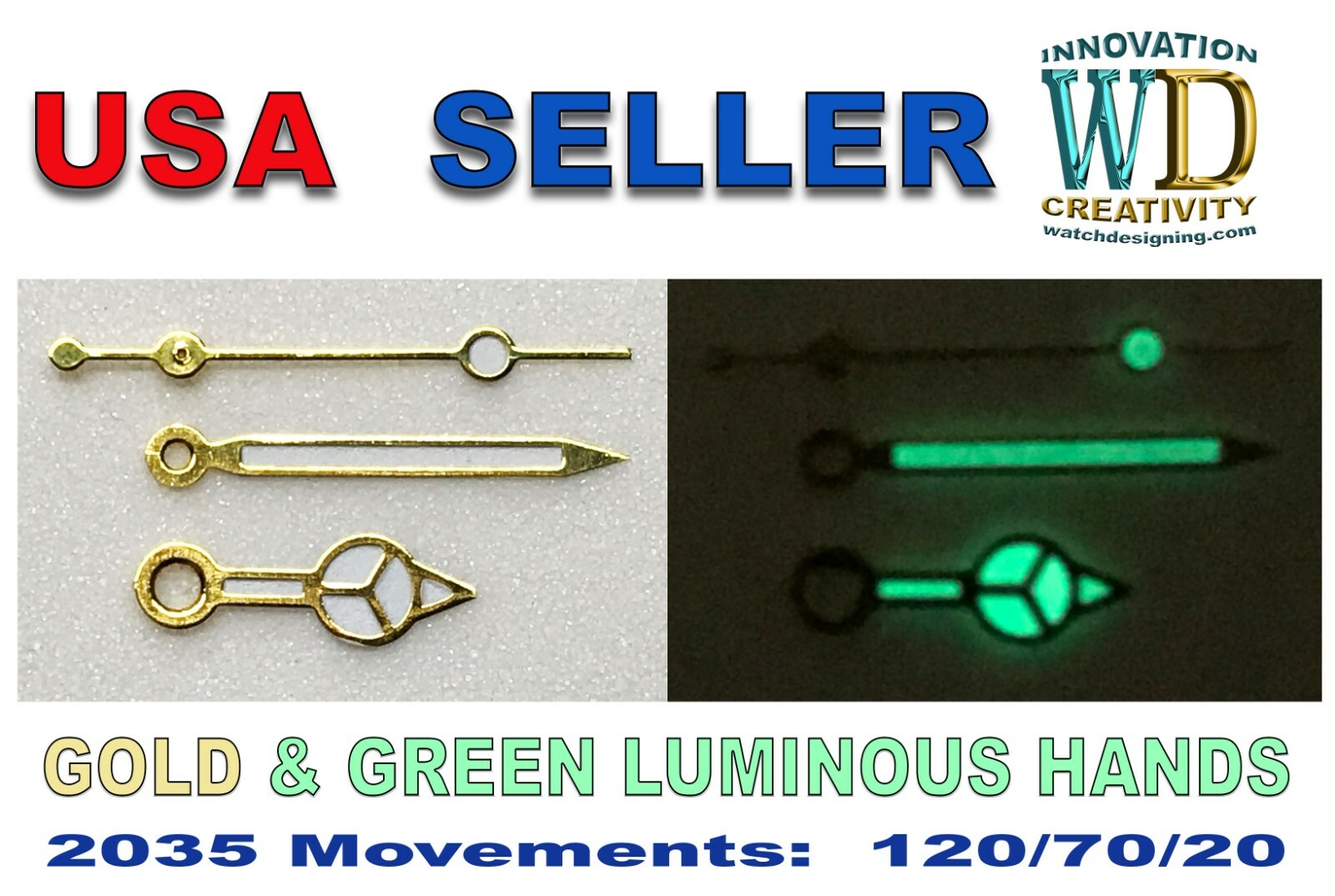 GOLD & Luminous green Hour Minute Seconds Hands Watch 120/70/20 PARTS 2035 MVMT