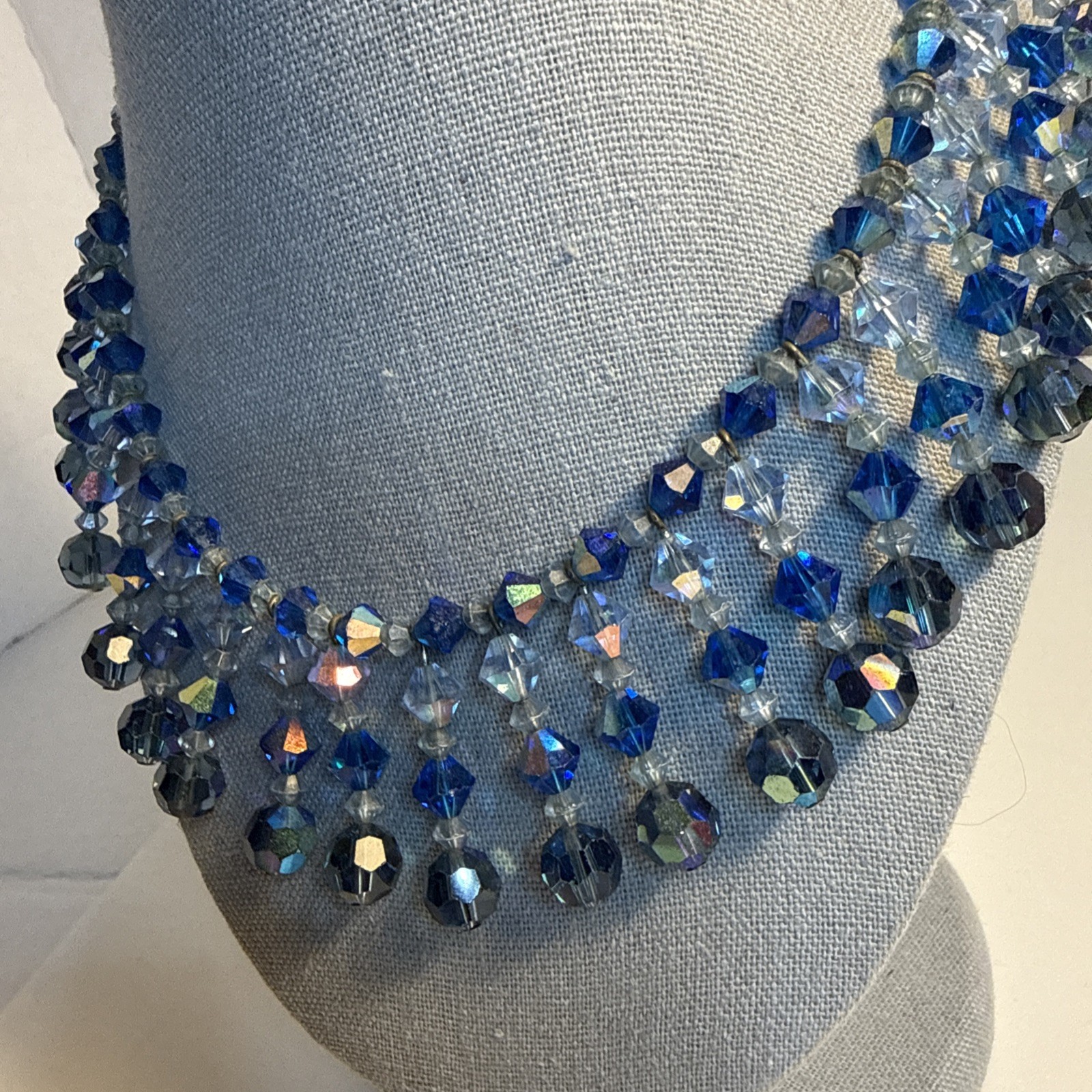 Vintage Blue Glass Or Crystal Borealis Choker Necklace Beautiful 15” 50s