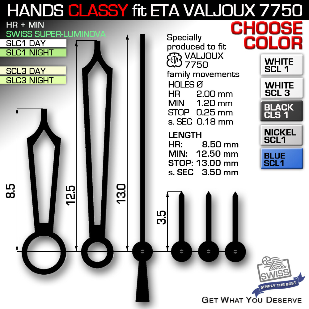 HANDS SET FOR MOVEMENT ETA VALJOUX 7750, CLASSY, SWISS SUPERLUMINOVA SLC1+3