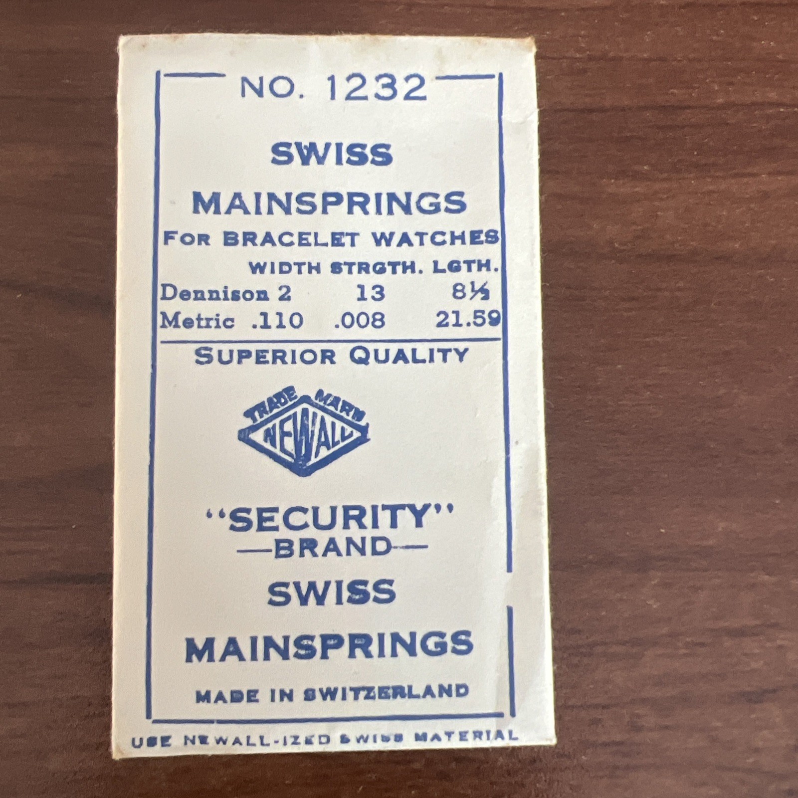 Newall Security Brand Swiss Mainspring Watch Part No. 1232 New Old Stock