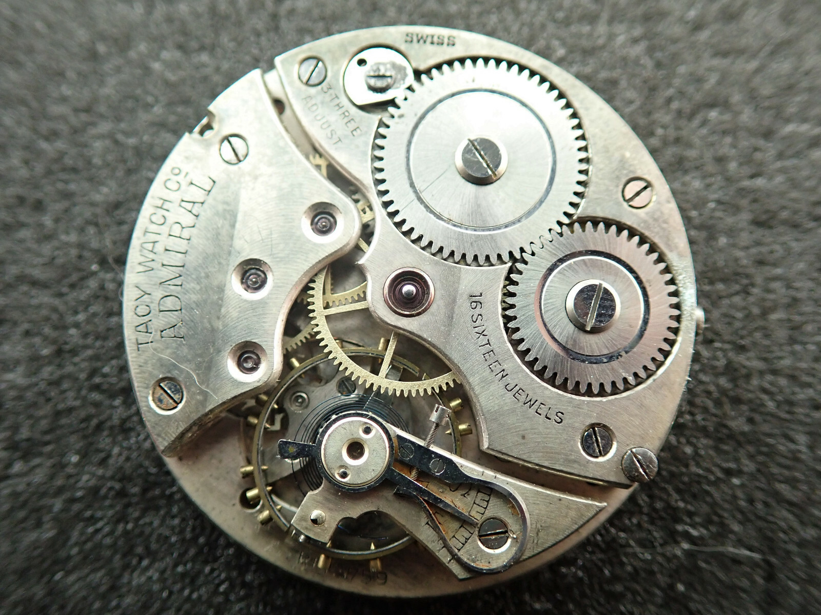 VINTAGE 12 SIZE ADMIRAL TACY WATCH CO. SWISS POCKET WATCH MOVEMENT – NOT RUNNING
