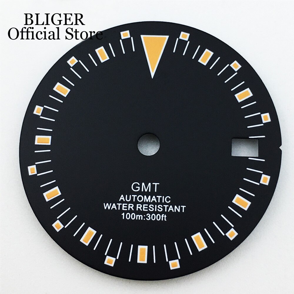 BLIGER 29mm Black NH34 GMT Watch Dial Luminous Index Fit NH34A Movement Parts