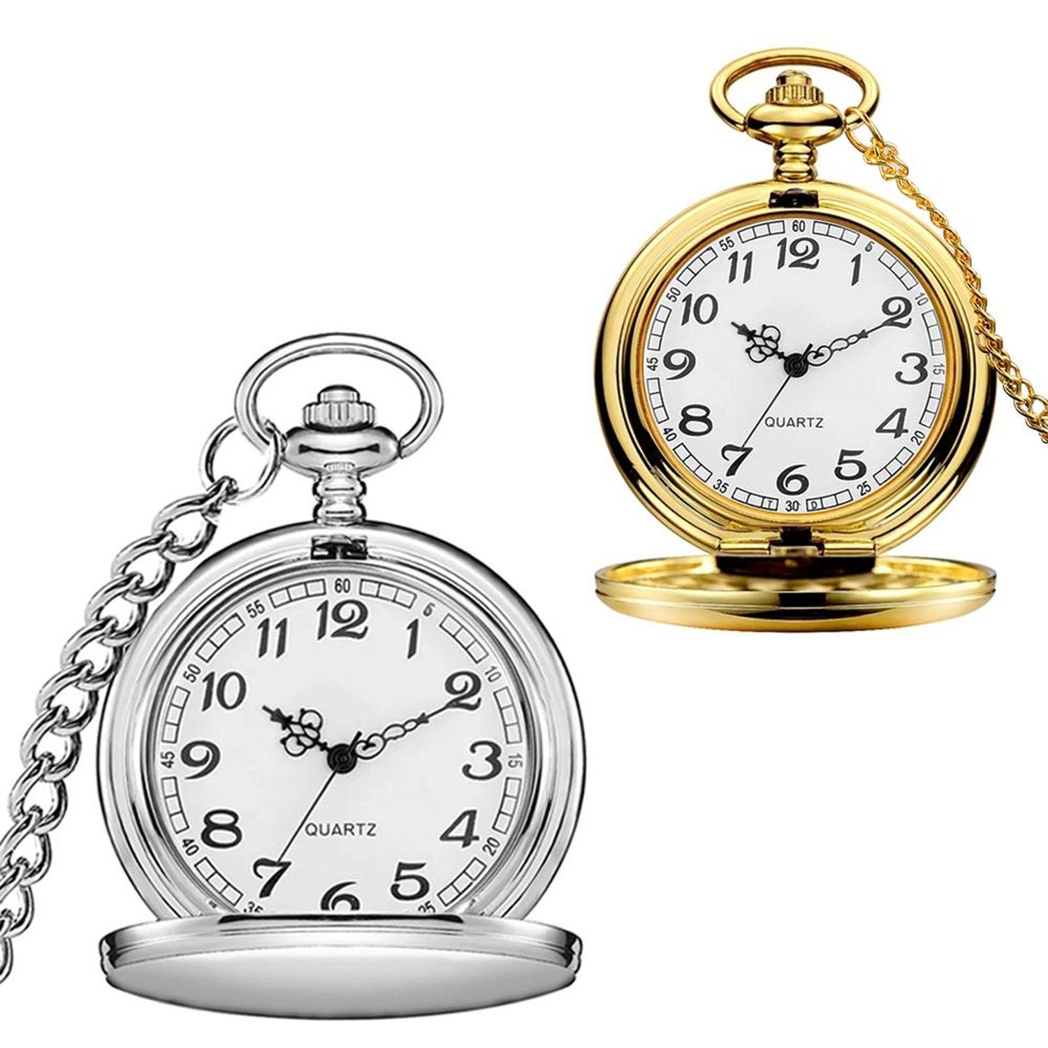 Set of 2 Classic Pocket Watch with Chain for Men and Women Silver Gold