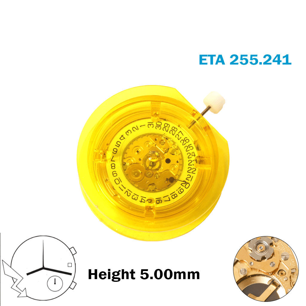 ETA 255.241 Swiss Movement-3 Hands-White Date Disk At 3-Without Hour Wheel.