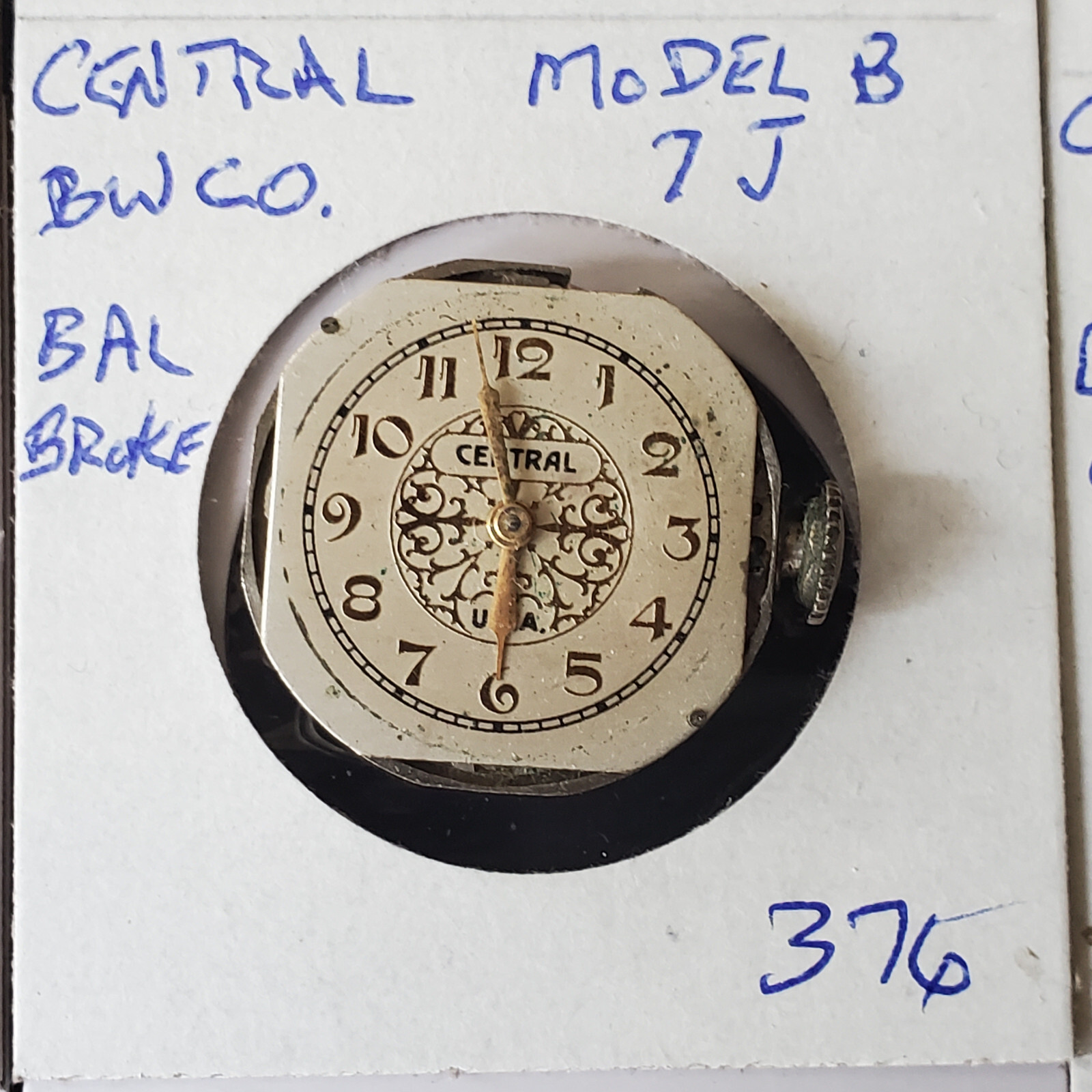 MENS CENTRAL-BW CO. WATCH MOVEMENT 7J MODEL B #376