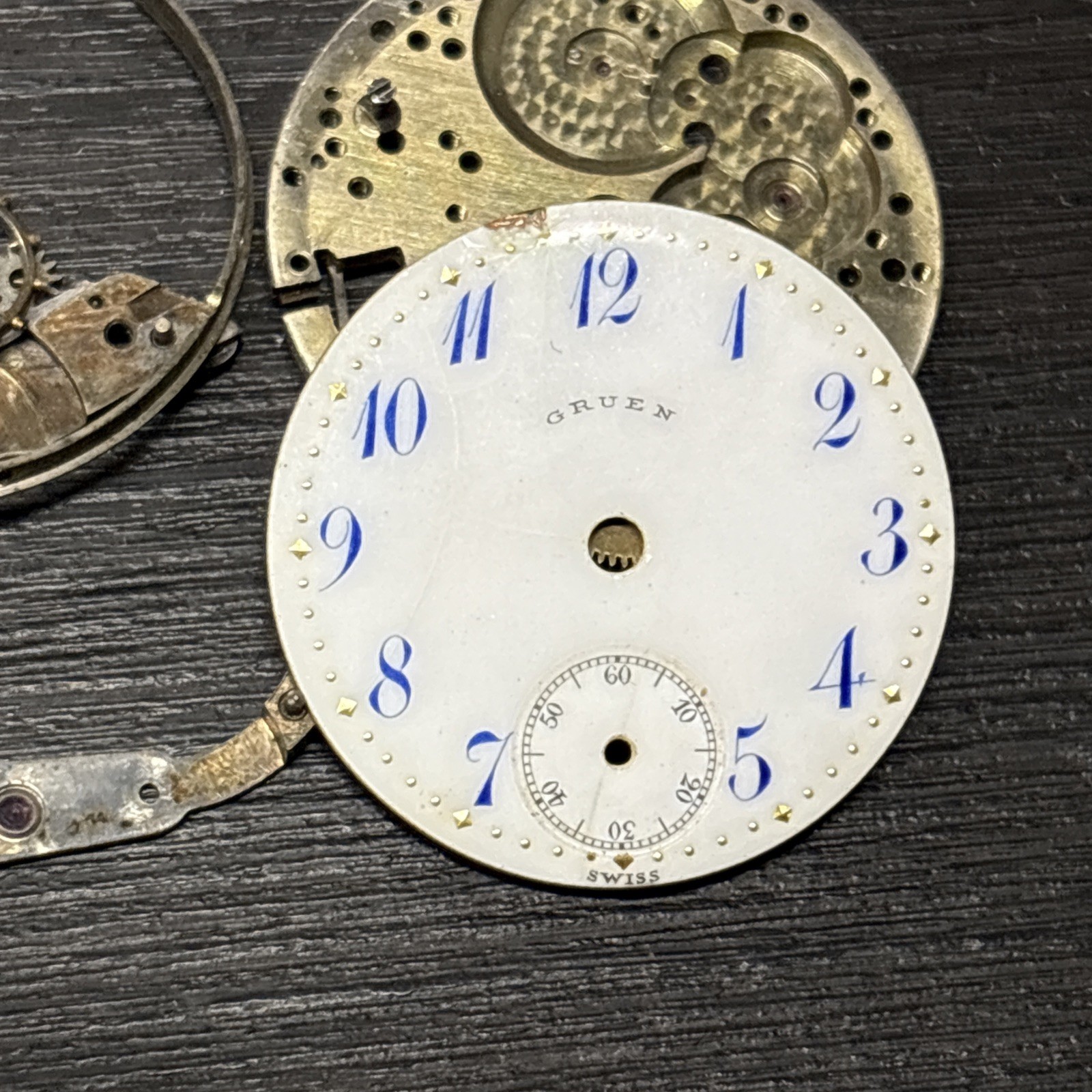 Gruen Enamel Fancy Blue And Gold Pocket Watch Wristwatch Dial 23.9mm With Parts