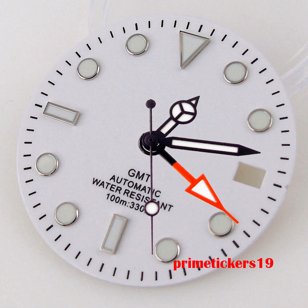 29mm White Watch Dial Date Black Orange Hands Luminous Fit NH34 GMT Movement