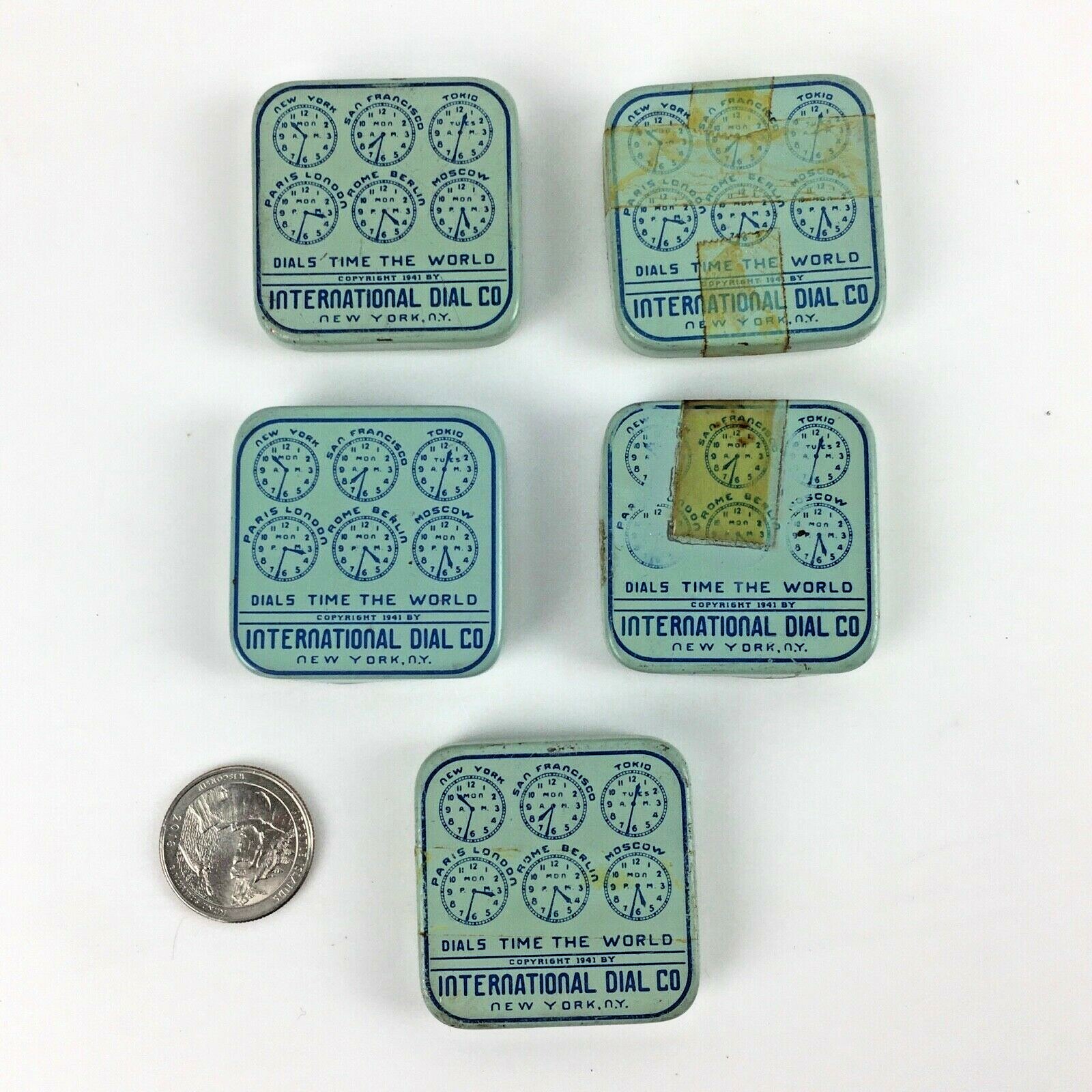 Lot 5 1941 INTERNATIONAL DIAL Watch Tins Dials Parts NY Square Vtg Advertising
