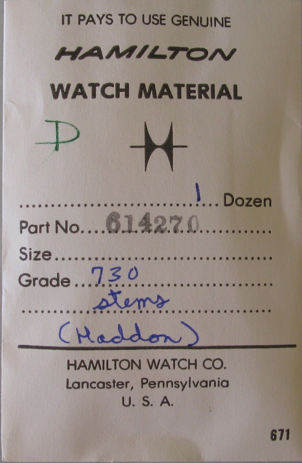 Hamilton 8/0s 730 735 747 748 winding stem #401 #614270 for part