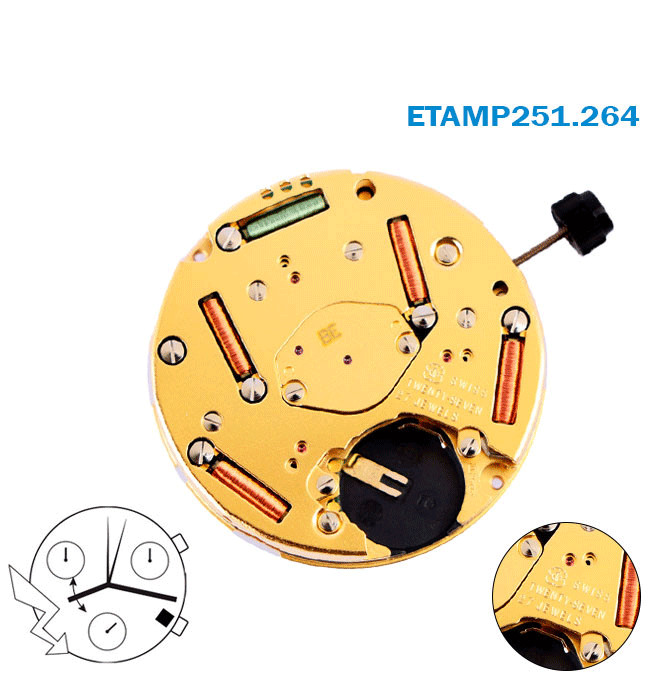 ETA 251.264 Swiss Movement- 3 Hands White Date Disk At 4-Chronograph-H:7.38mm.