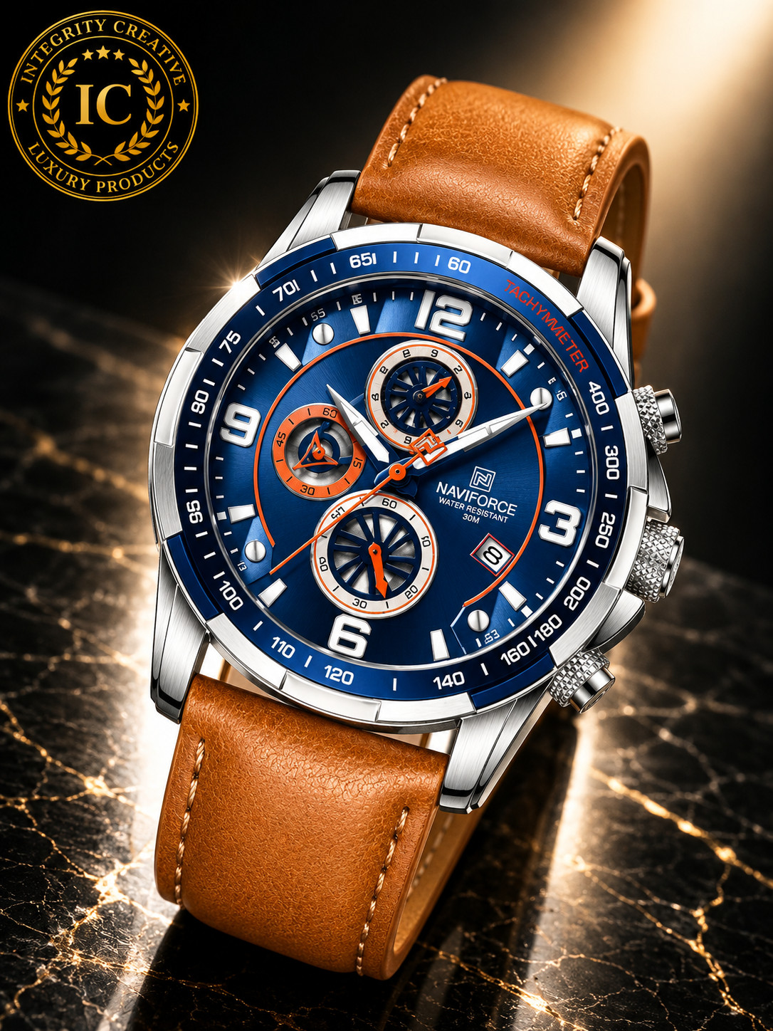 Men’s Sport Watch Analog Quartz Chronograph Leather Strap Blue Dial Brown Strap