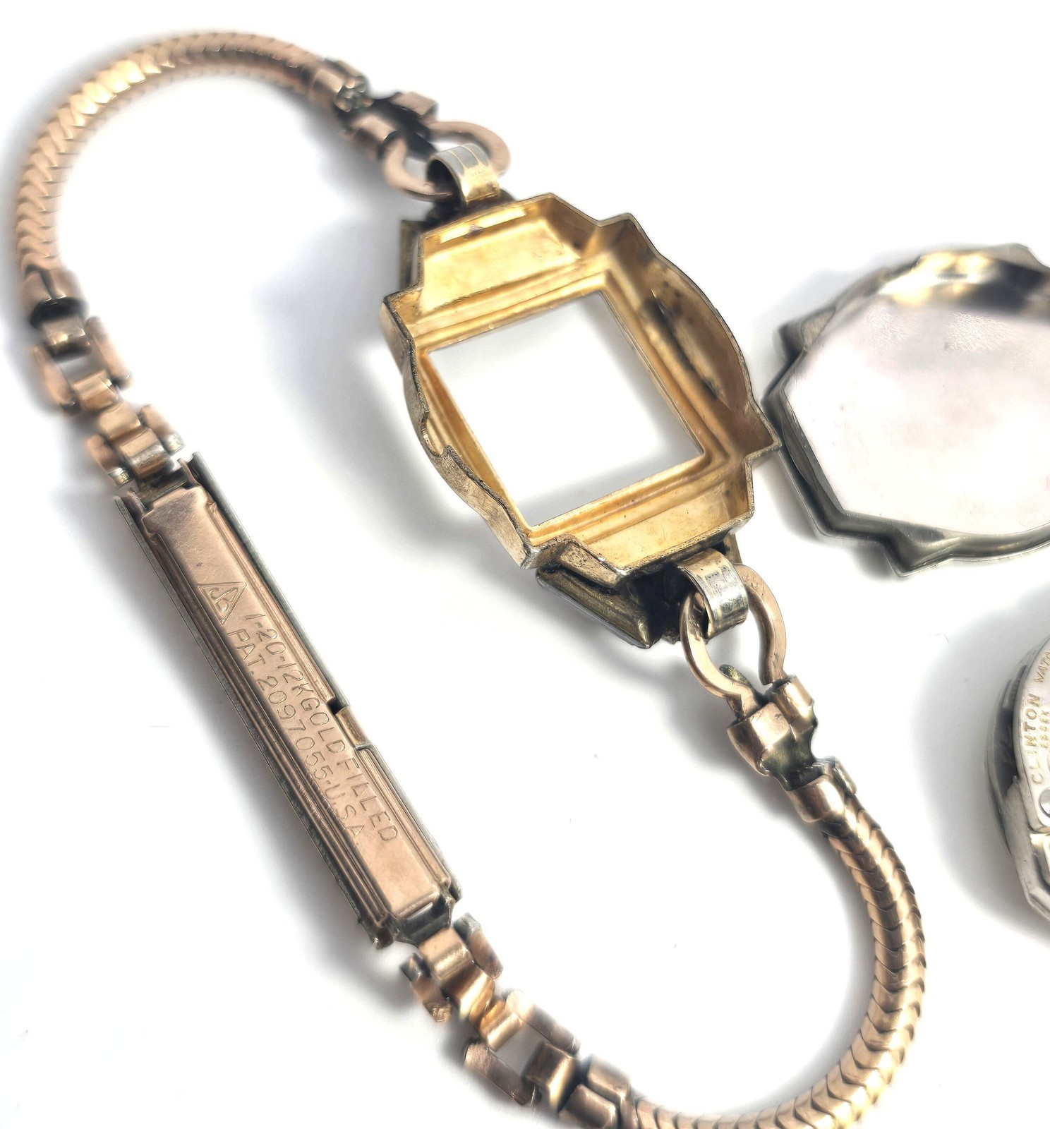Art Deco Clinton gold filled wind up 17 jewel watch missing crystal face PARTS