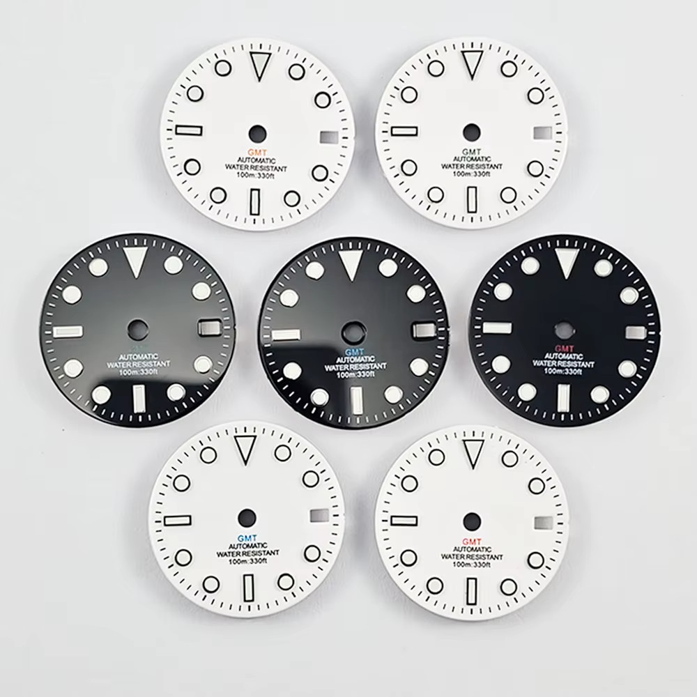 GMT 28.5Mm NO Logo Gloss Watch Dial White Black Mark Blue Green Luminous Fit NH3