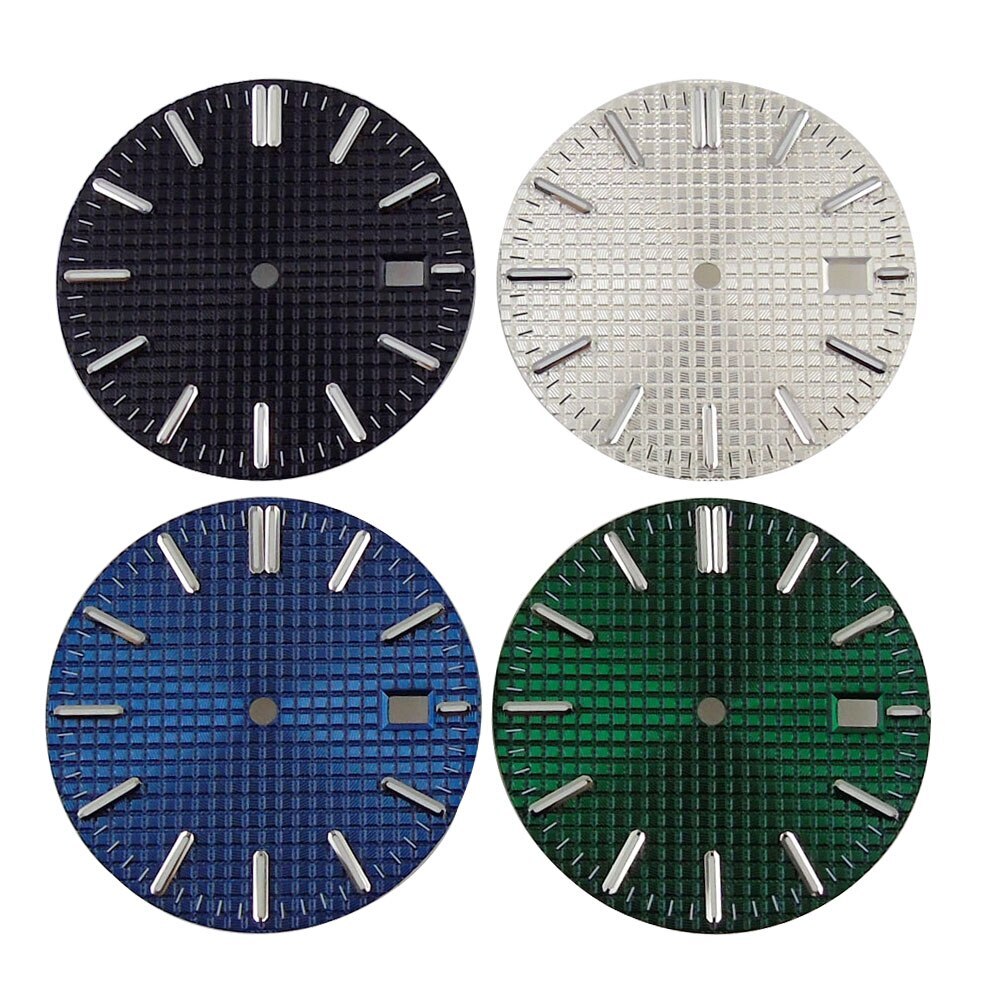 31.7mm Blue Black White Watch Dial Green Lume Date Window Plaid Fit NH35 NH36