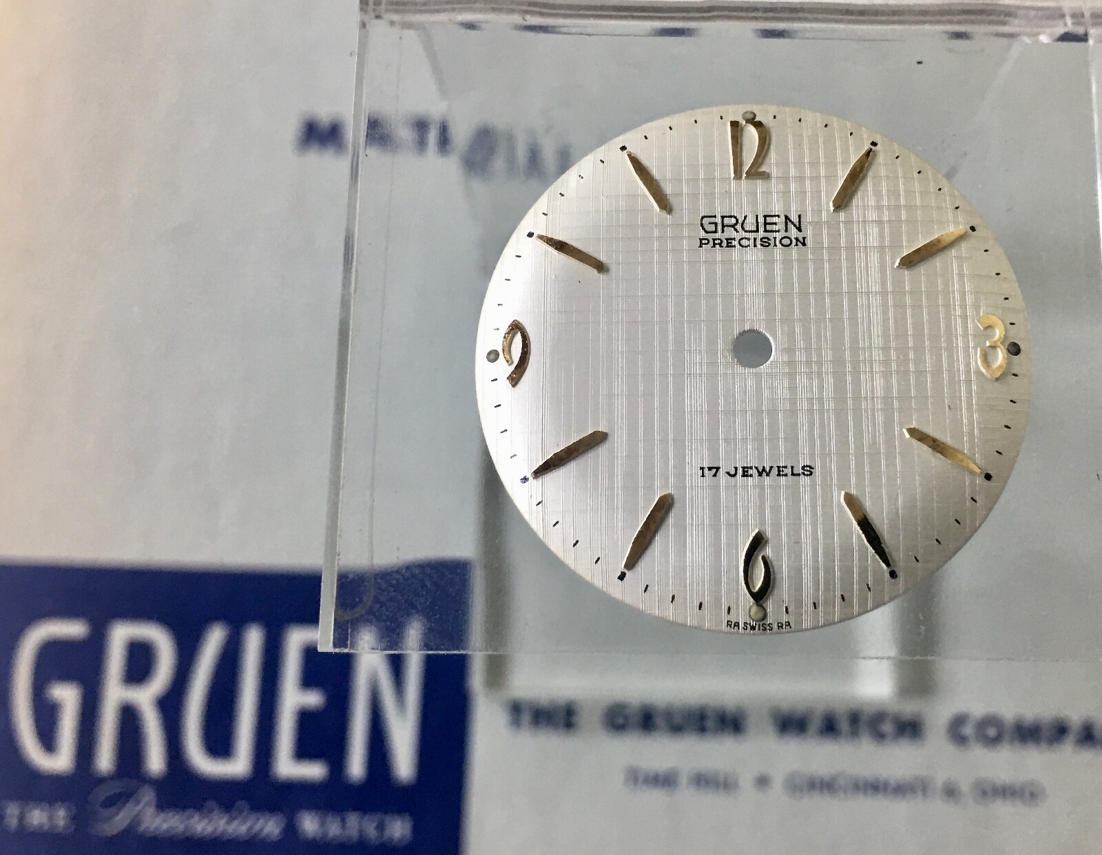 1950s Original Vintage Gruen 552RSS watch dial gold markers linen finish 29mm