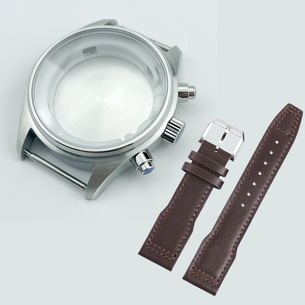 Miyota 0S00 Movement 43mm Pilot Watch Case Sapphire Crystal Glass Leather Strap