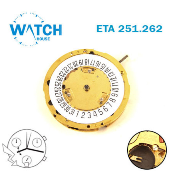 ETA 251.262 Gucci-Swiss Chronograph Movement-3 Counter-White Date at 6-H:6.59mm.