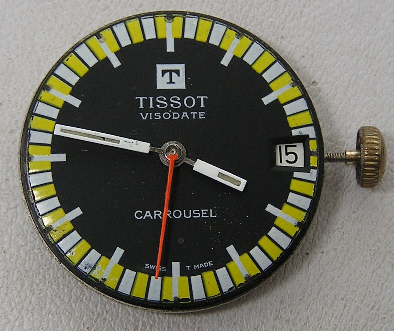 Tissot Ca 782-1 Carrousel Watch Movement Nice Black w/Yellow/White Accents Dial
