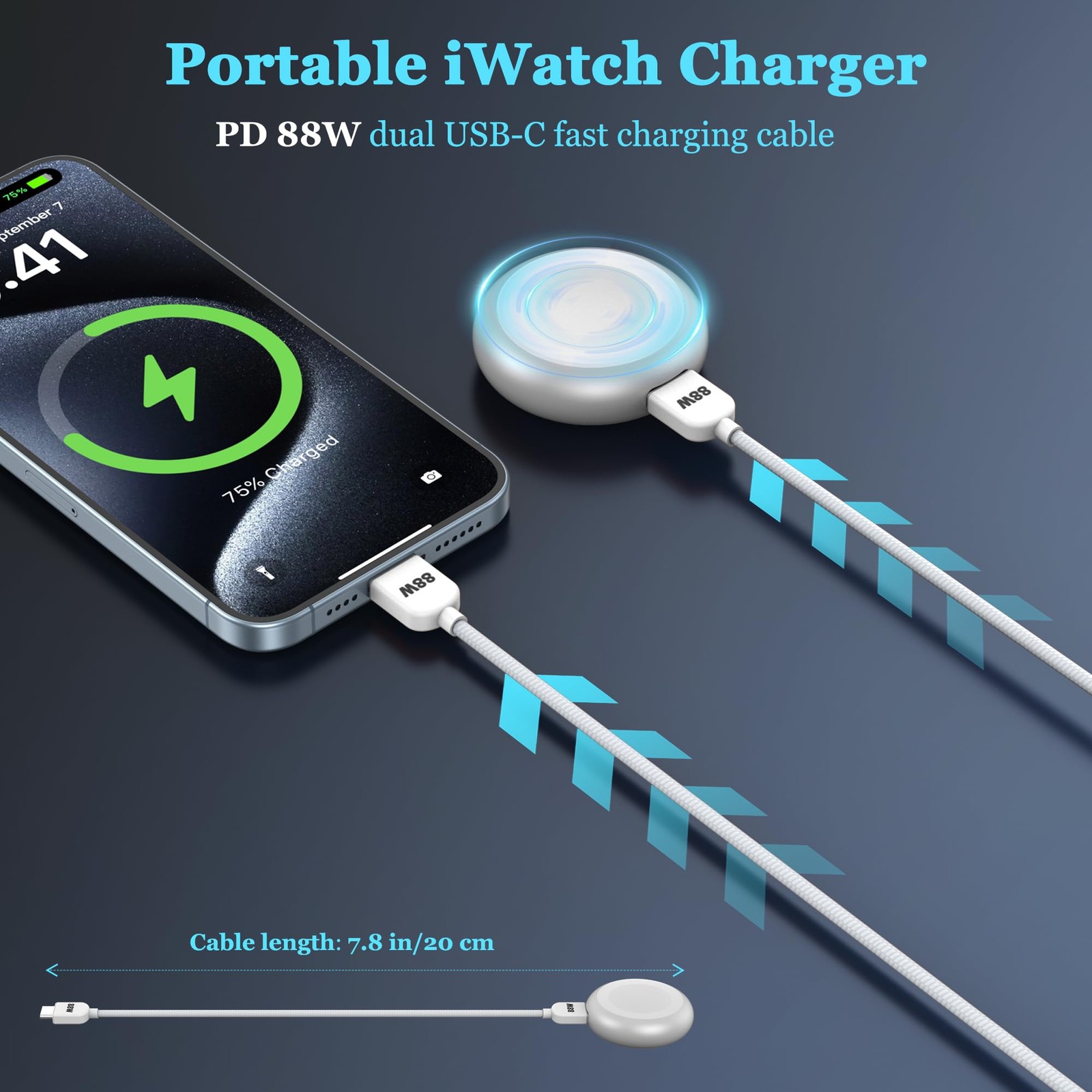 【5W】 for Apple Watch Charger, Portable iWatch Charger with 88W Cable,