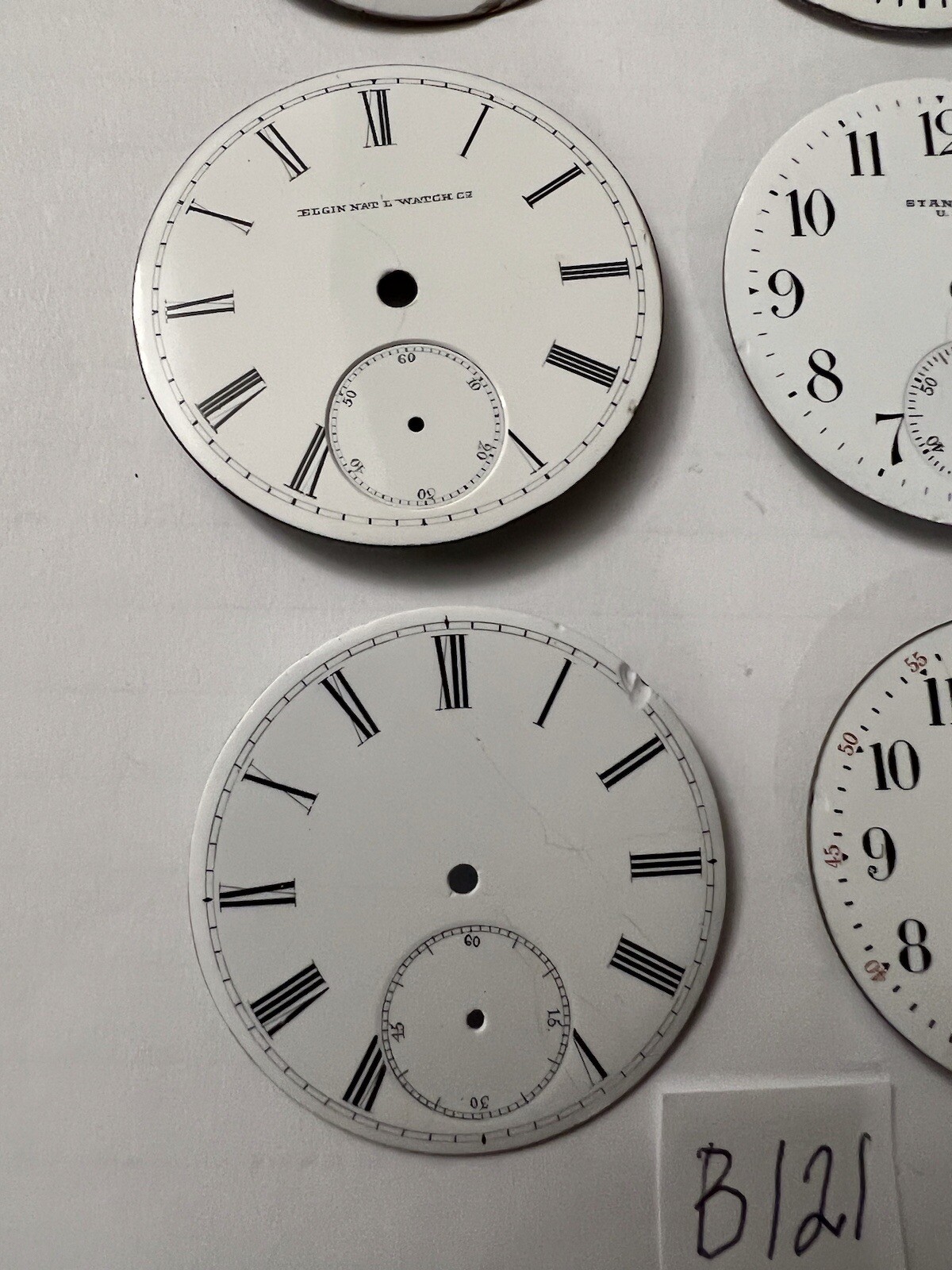 Lot Of 8 Antique Pocket Watch Porcelain Dials, Various Brands And Sizes