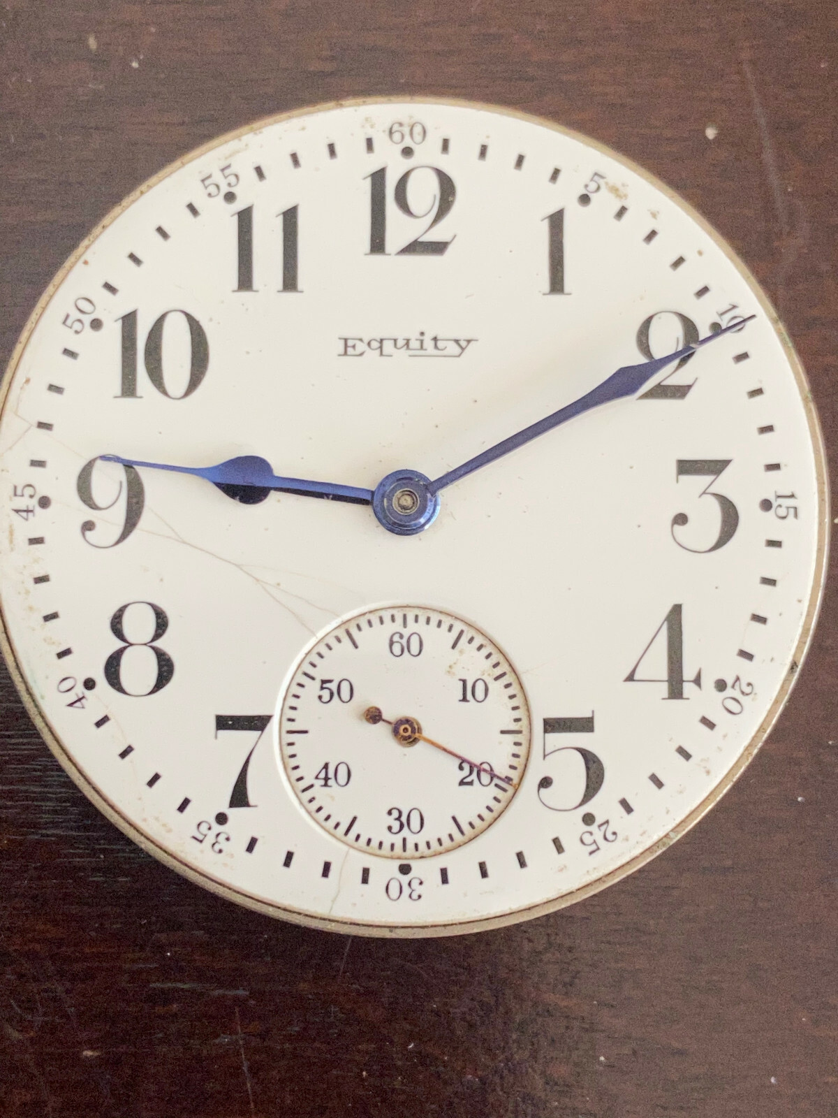 VINTAGE 16S EQUITY WATCH CO. POCKET WATCH MOVEMENT, GOOD BALANCE, BROKEN MAIN