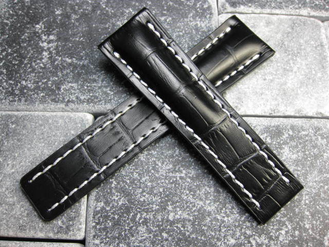 24mm Super Avenger Black Deployment Leather Strap X Watch Band for BREITLING