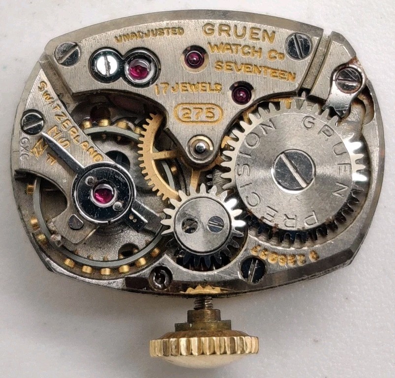 Rare Gruen W. Co. Cal. 275 17 jewel watch movement running Stuck In Set Position