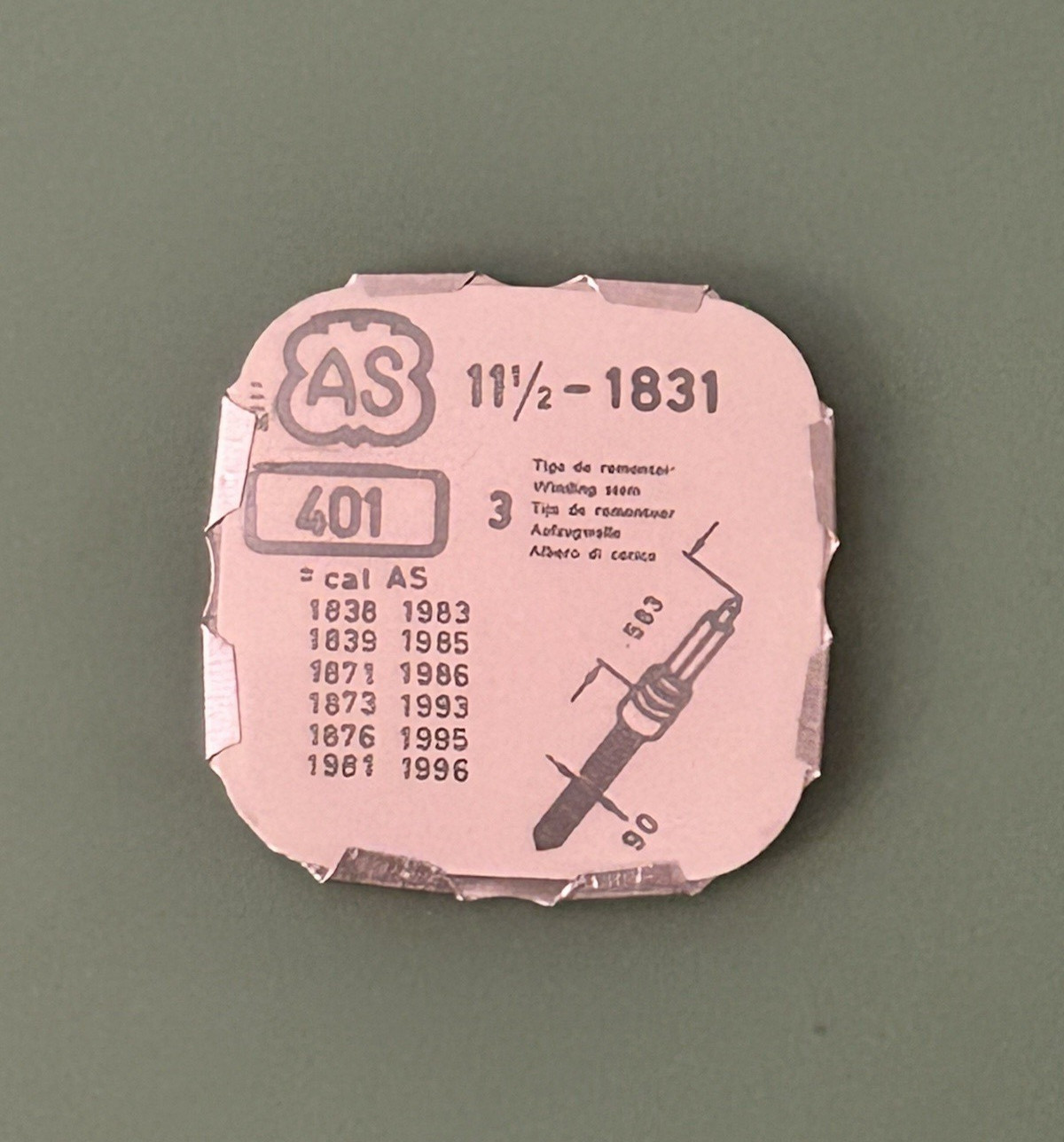 AS – Cal 1831 – Stem – Part 401 – .9 mm – Tap 10 – 16.5 mm long – NOS – Sealed