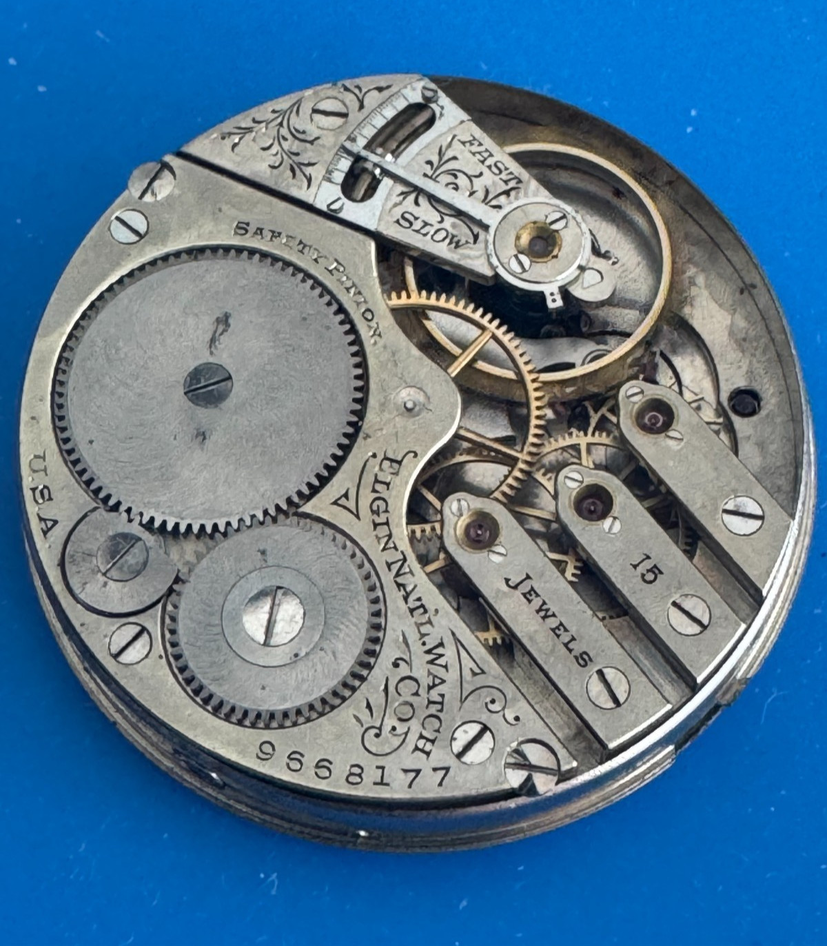 VINTAGE 16 SIZE ELGIN GR. 247 POCKET WATCH MOVEMENT FANCY DIAL NOT RUNNING