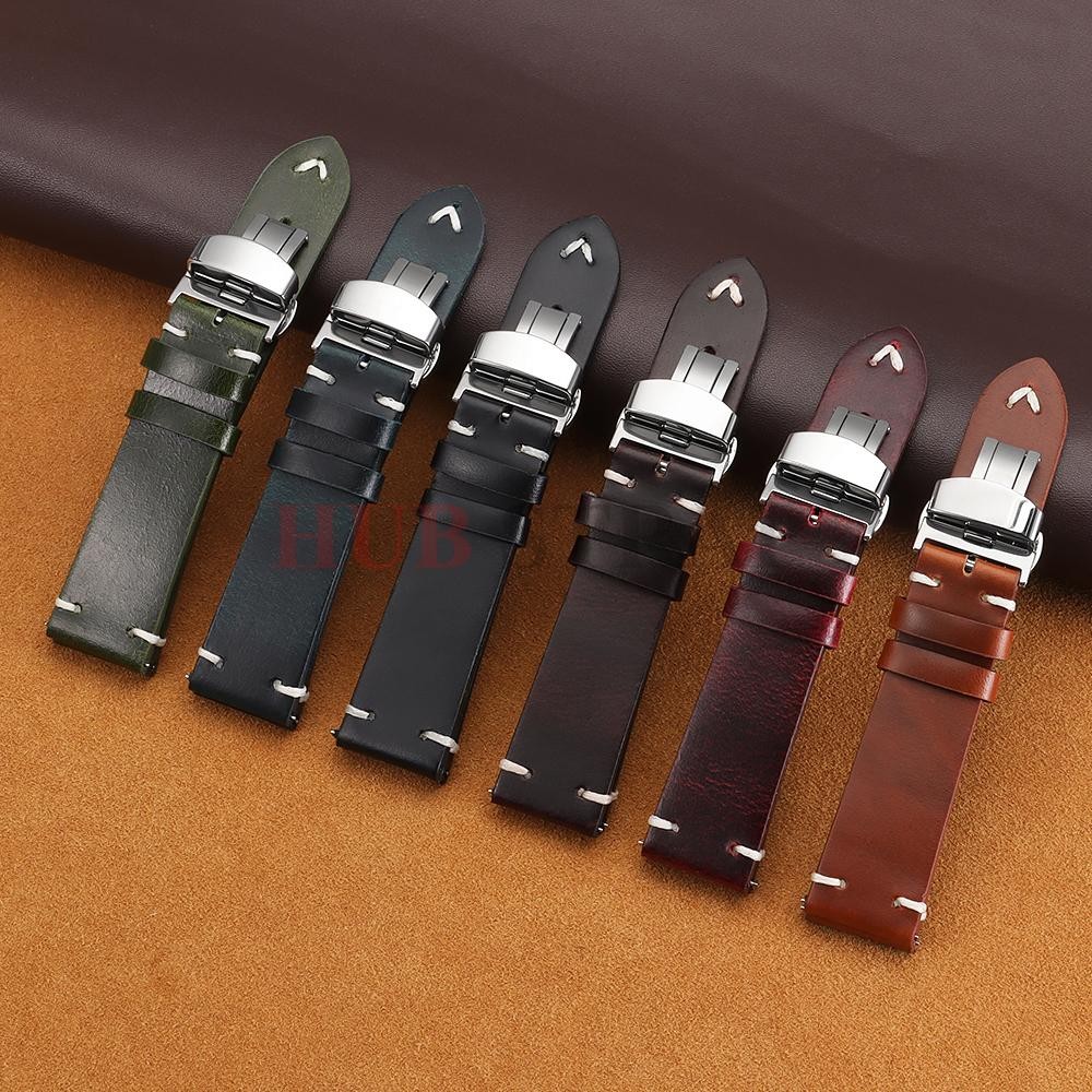 Genuine Leather Butterfly Buckle Watch Bands 18/20/22mm Waterproof Retro Oil Wax