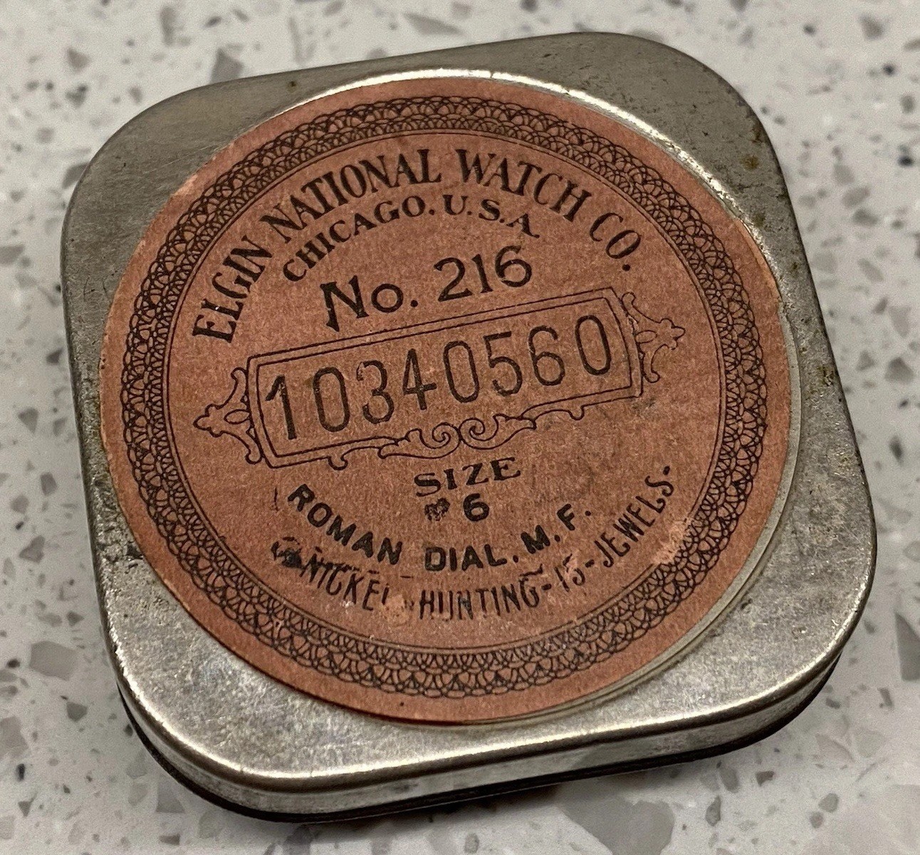 Antique Elgin National Watch Co. No 216 Size 6 Movement Storage Case/Tin