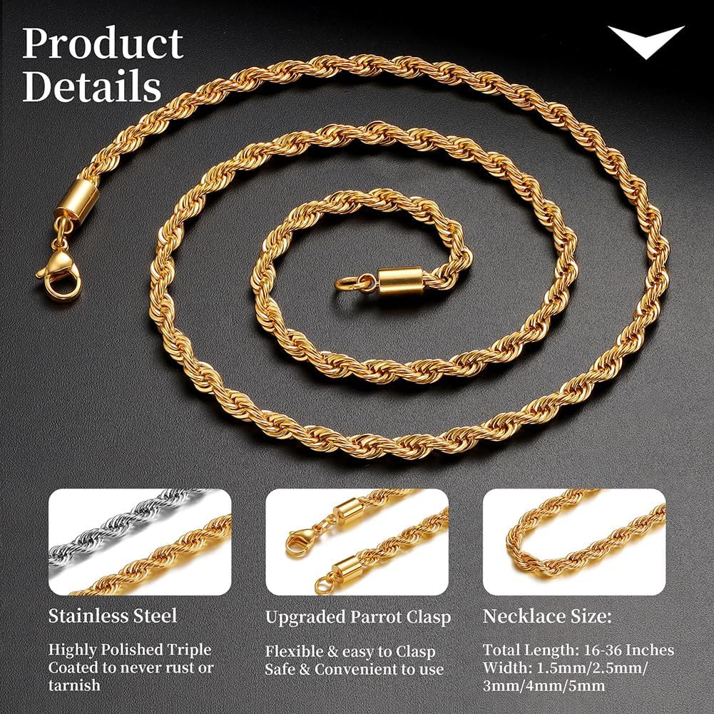 Gifts for Father’S Day 24K Gold Plated Rope Chain 1.5Mm 2.5Mm 5Mm Stainless Stee