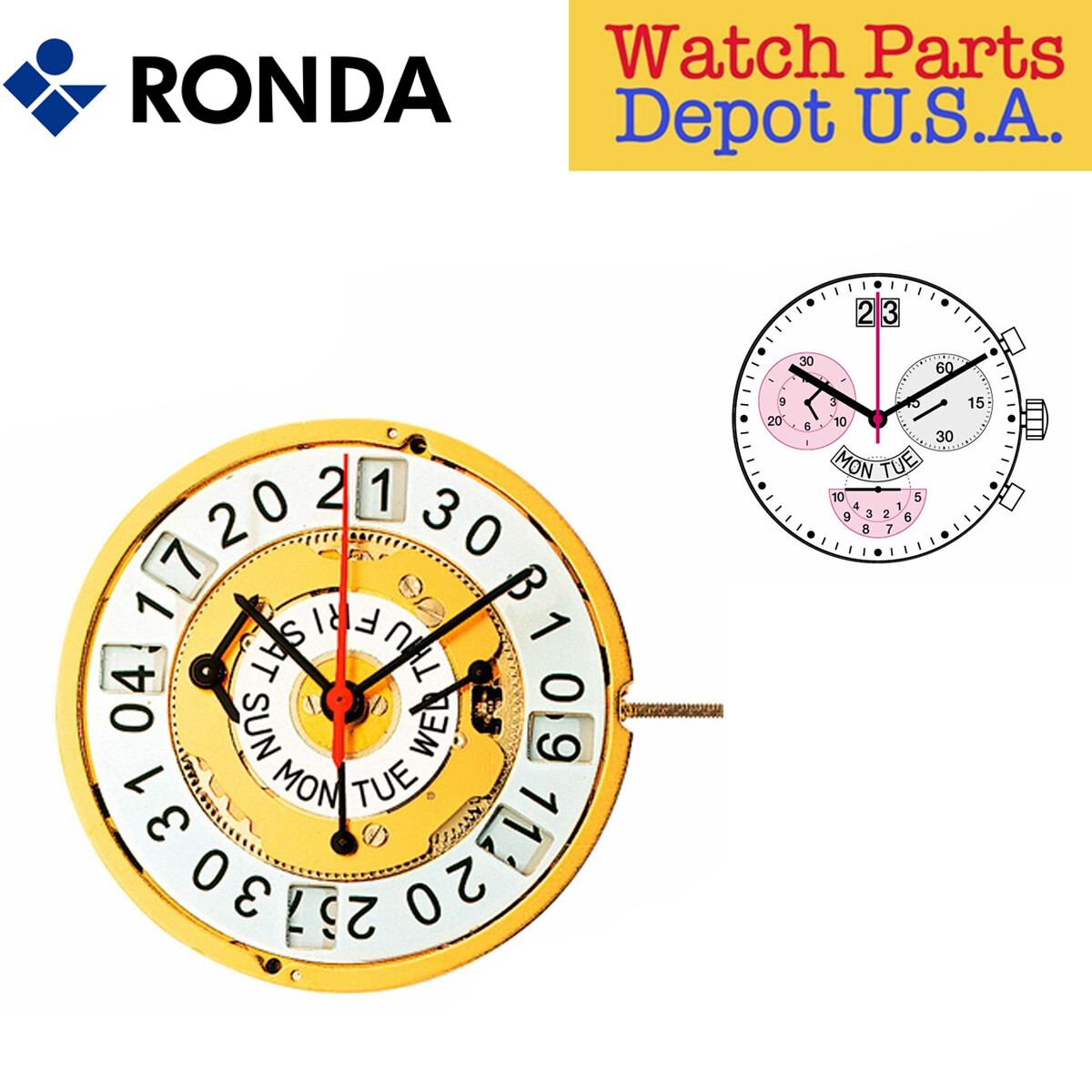 Ronda 5051.C Quartz Chronograph Movement, 3 Hands, Day/Date, 3 Eyes (Swiss Made)