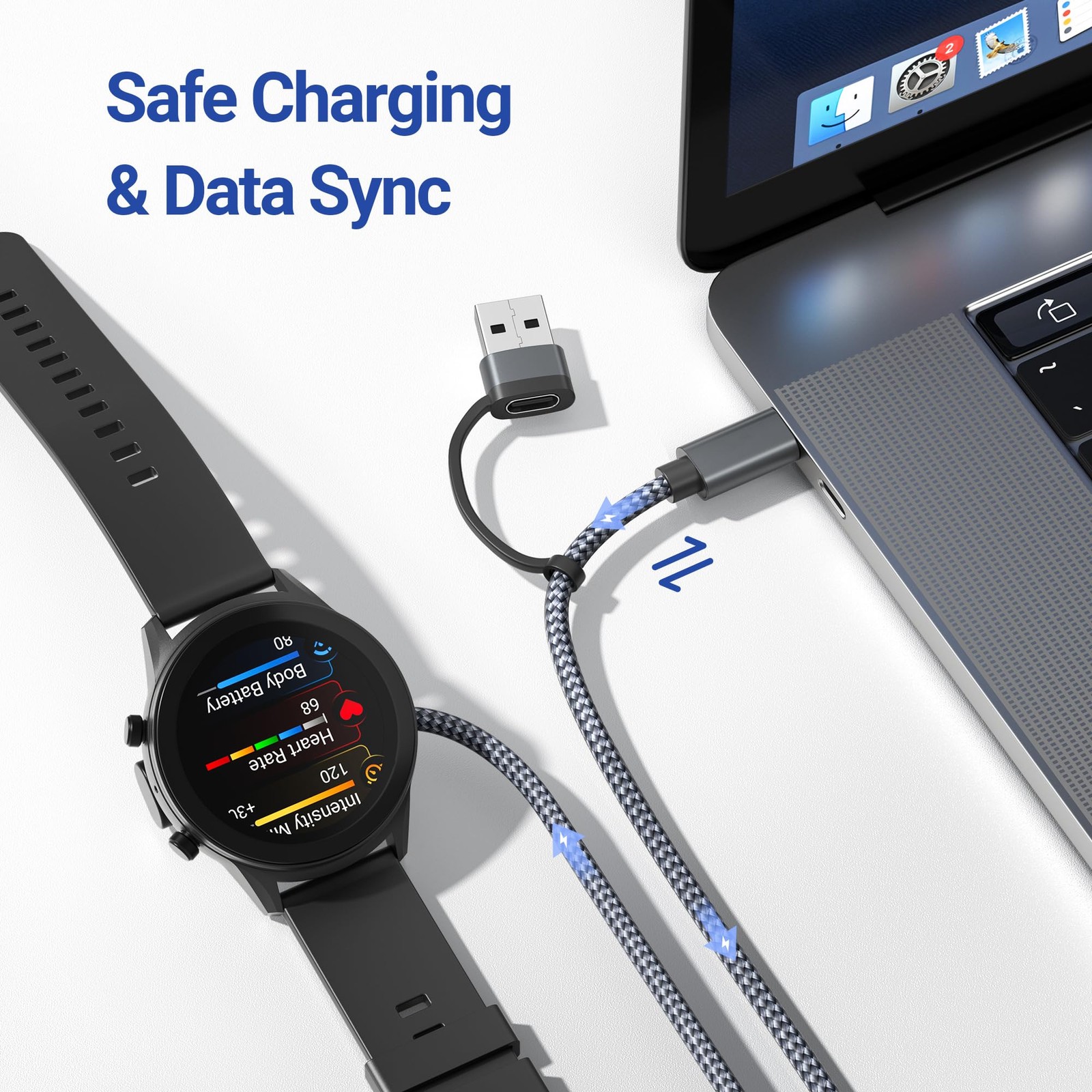 Garmin Watch USB C Charger Cable 2in1 Braided 4FT 1Pack Right Angle