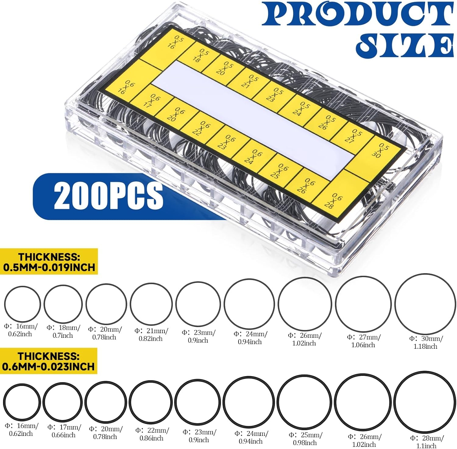 200pc Watch Gasket Kit 0.5/0.6mm Rubber O-Ring Waterproof Back Seal 16-30mm Set