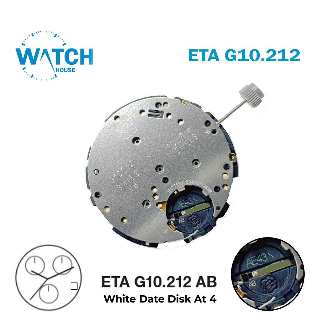 ETA G10.212 AB Swiss Movement-White Date Disk at 4-4 Jewels-3 Hands-Chronograph.