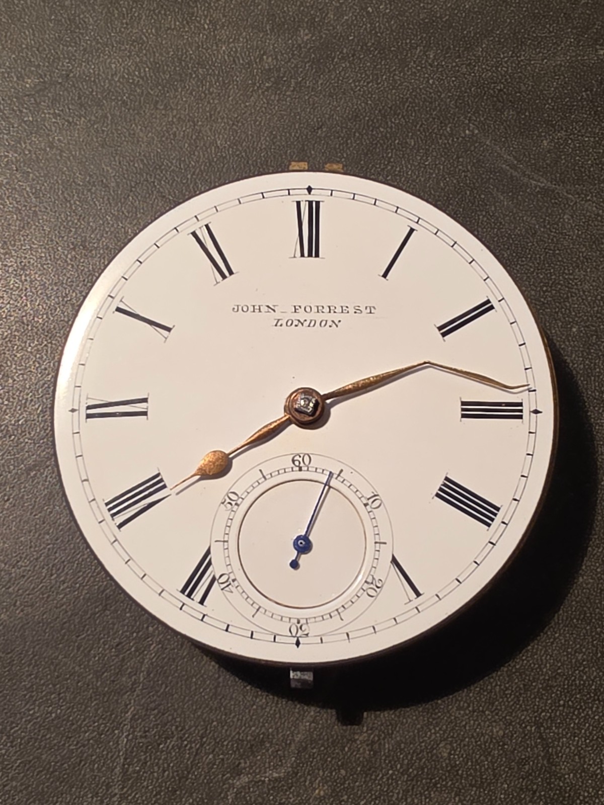 Antique John Forrest London Pocket Watch Movement Dial Key Wind Runs Briefly