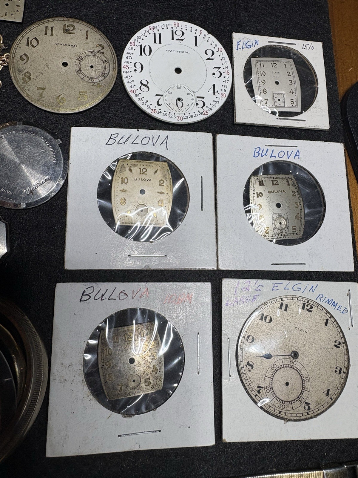 Vtg Watch Repair Lot Elgin Bulova Waltham Dials Hands Cases Parts Movements