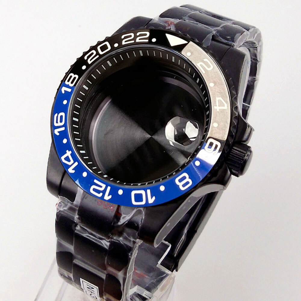 40mm Black PVD Sapphire Glass Watch Case Fit NH35A NH36A ETA2824 PT5000 Rubber
