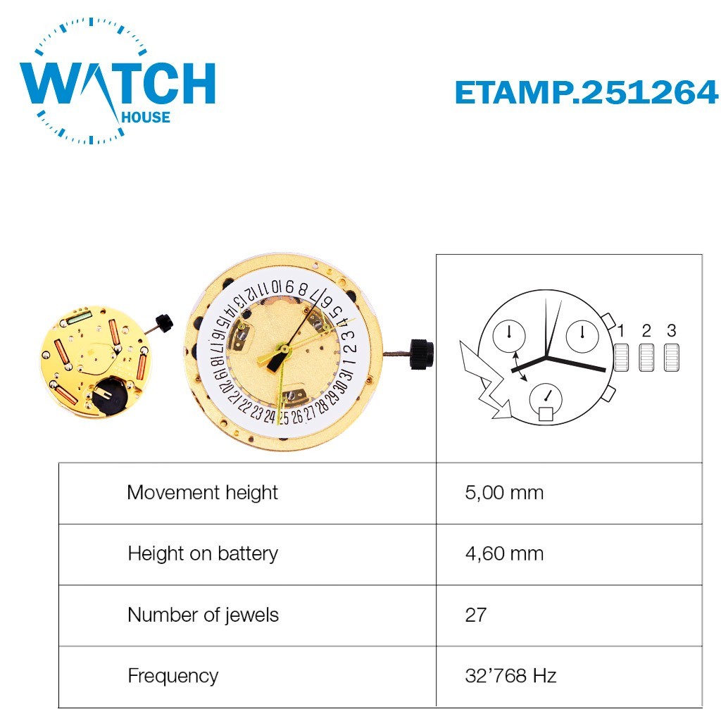 ETA – MOVEMENT – 251.264 – SWISS MADE – WHITE DATE – QUARTZ – Ø30.5MM