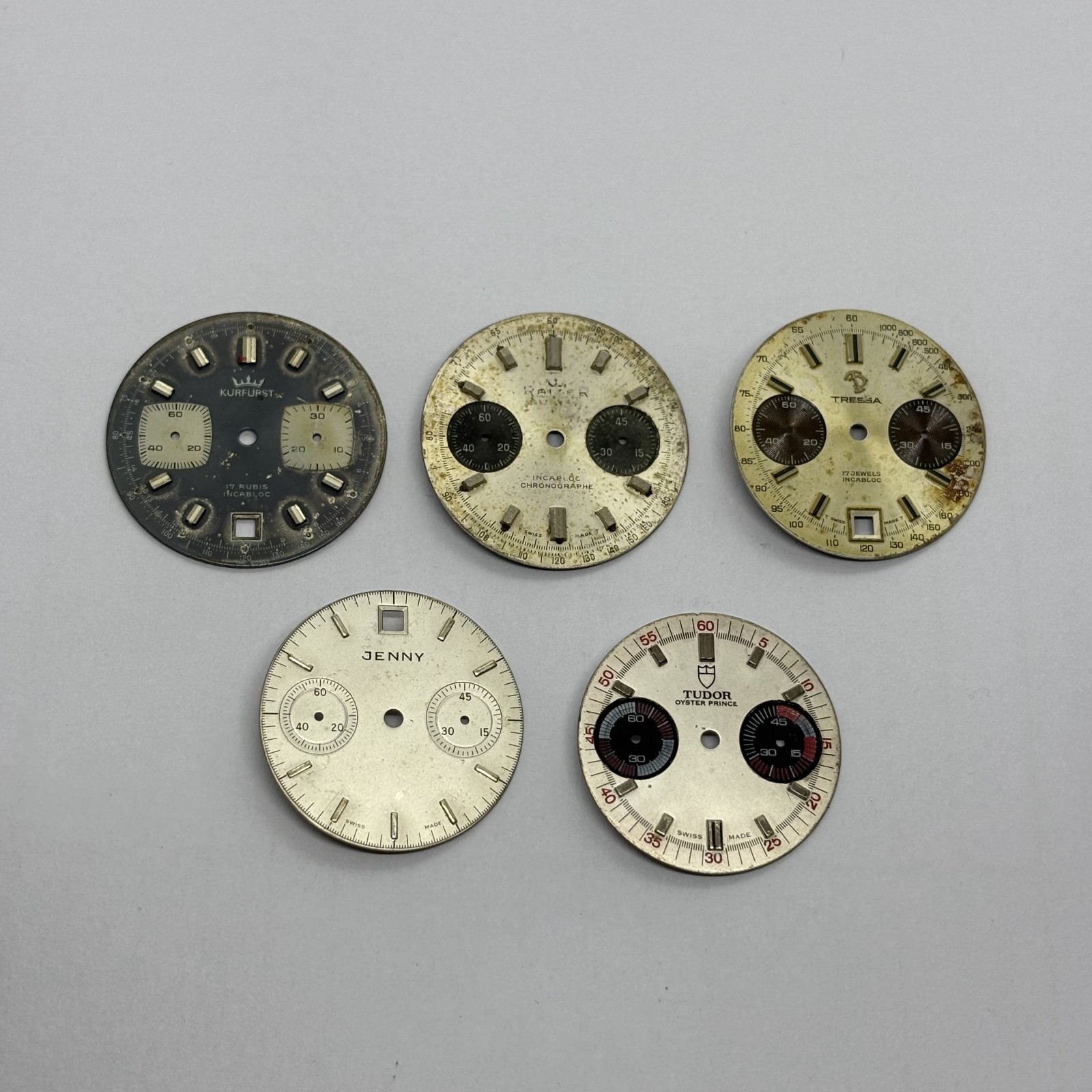 LOT OF 5 VARIOUS BRANDS WATCH DIALS FOR VALJOUX 7733 AND 7734 SOLD AS IS