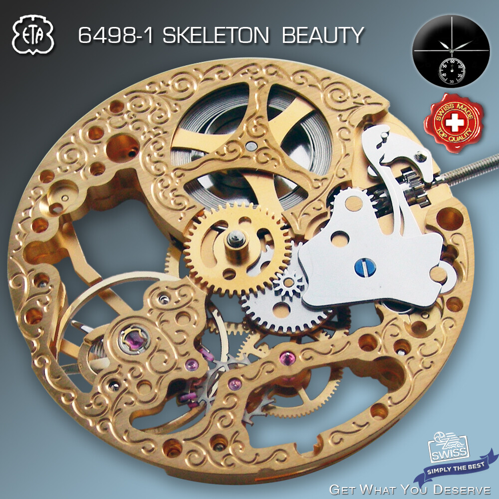 MOVEMENT ETA UNITAS 6498-1, TRADITIONAL SKELETON BEAUTY, GOLD, SWISS